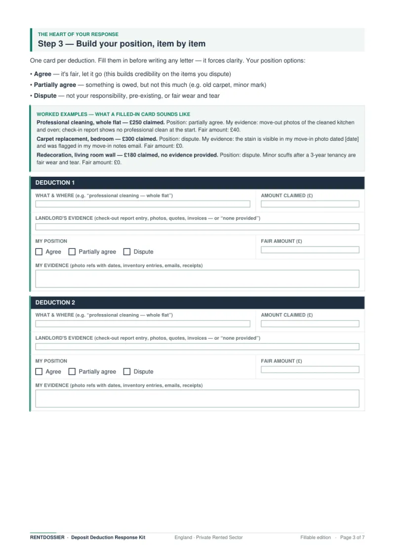 Deduction cards page with fields for amount claimed, landlord evidence and your position