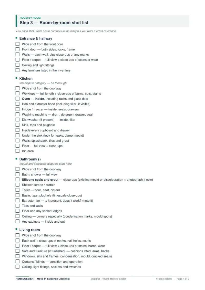 Room-by-room shot list page showing entrance, kitchen, bathroom and living room checkboxes