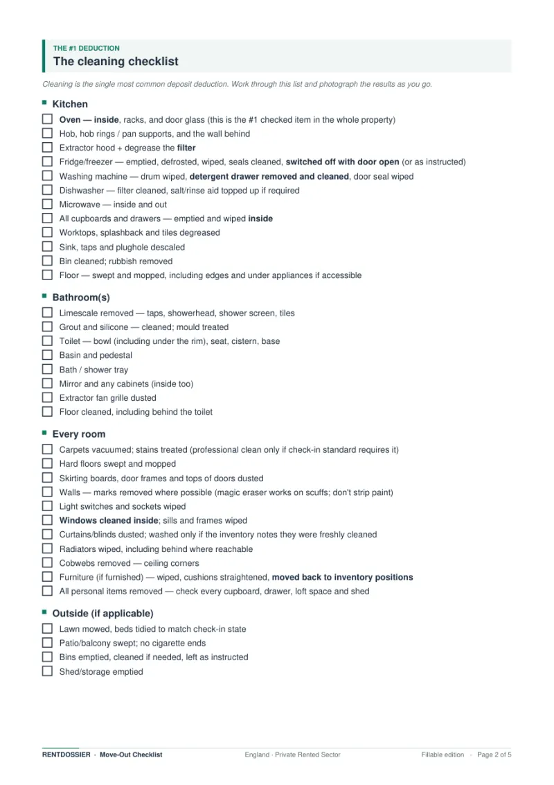 Move-out cleaning checklist page covering kitchen, bathroom and every room