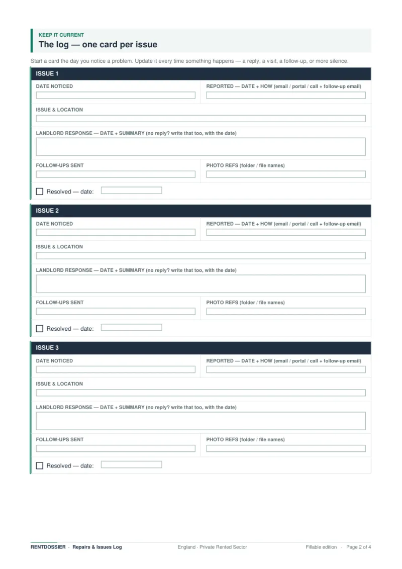 Repairs and issues log page with dated rows for reports and landlord responses
